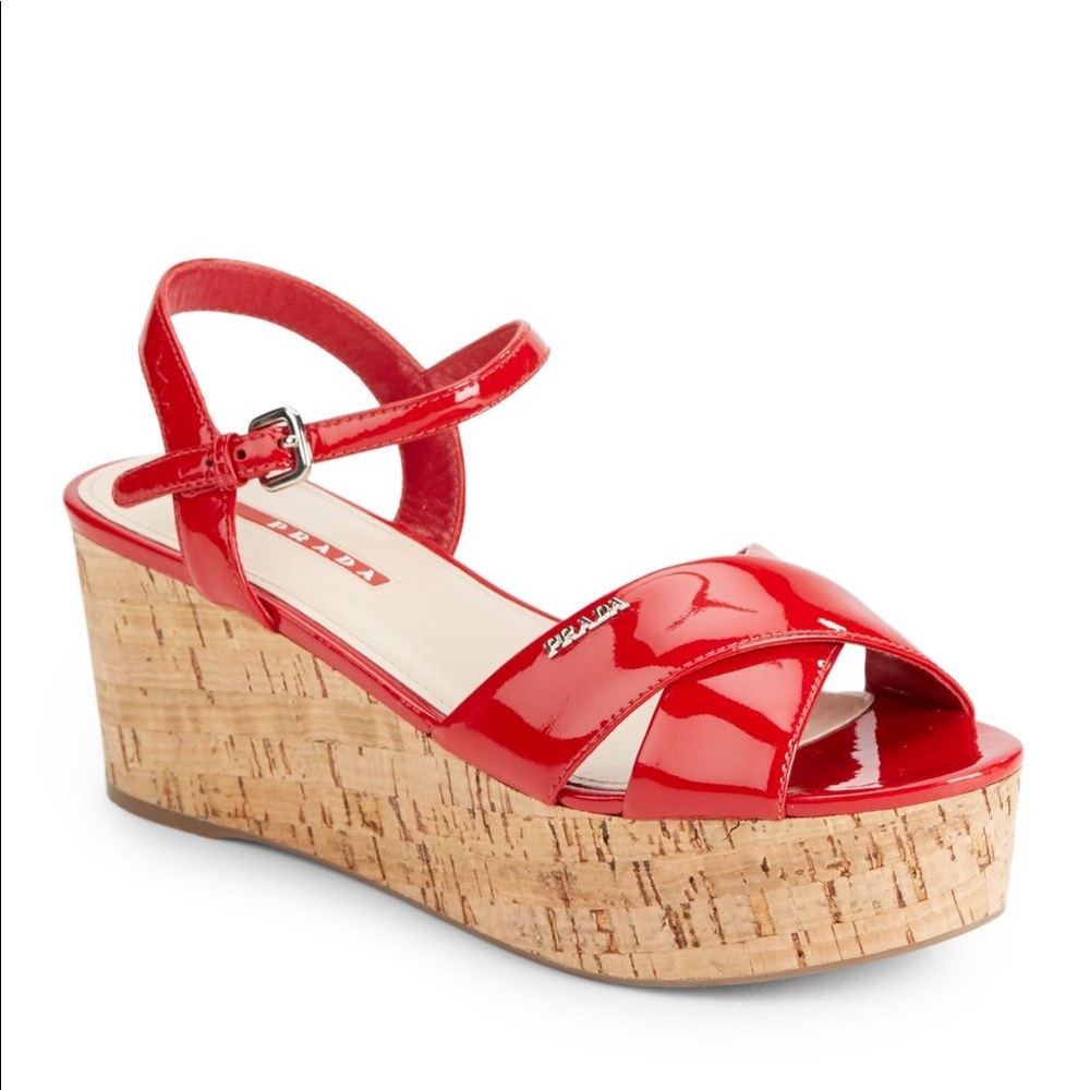 PRADA Patent Crisscross Cork Platform Sandals, Red Leather, Size 39.5